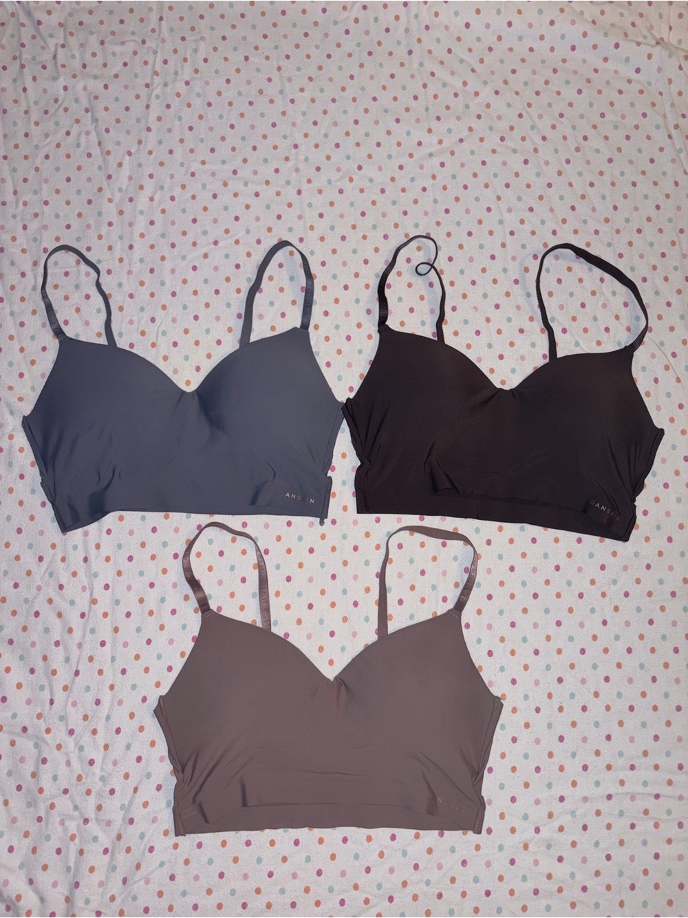Danskin Intimates Seamless Wireless Bralette Set of 3 Blue Brown Taupe 34C